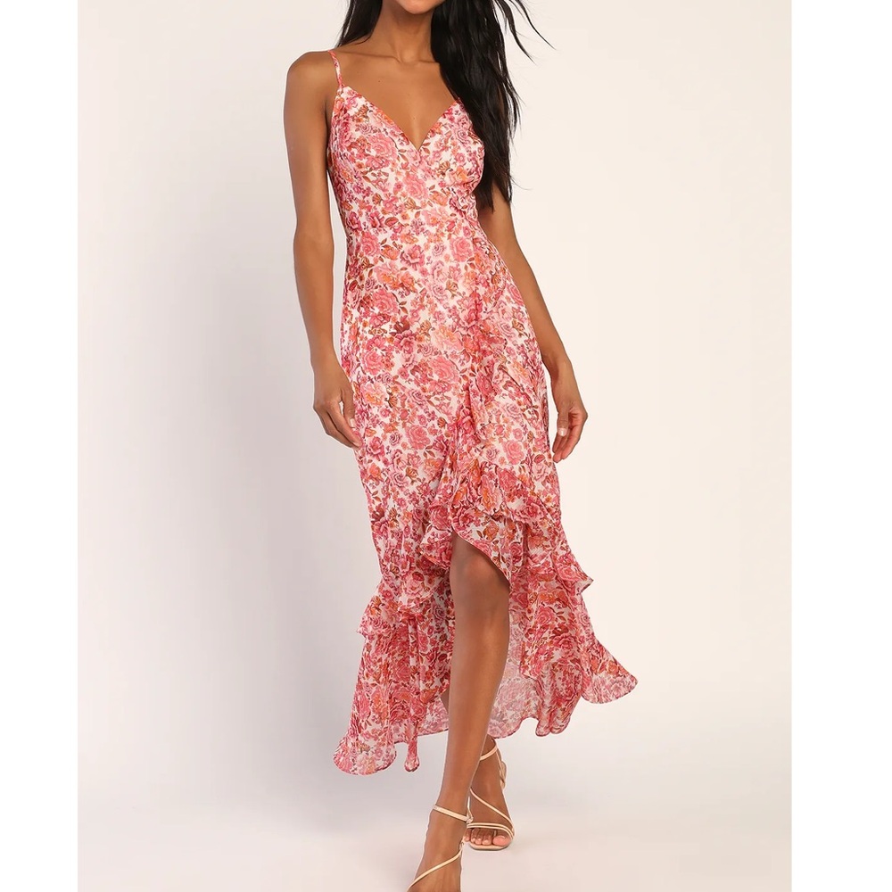 Lulu's Pink Floral Ruffled Slip Midi Dress